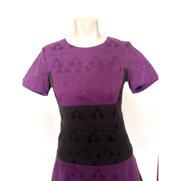 BADGLEY MISCHKA Belle 2 Purple & Black Striped Floral Lace Jacquard Dress EUC - Picture 2 of 8